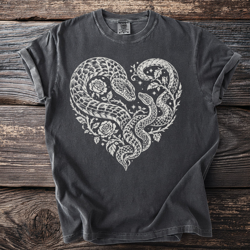 Dark gray t-shirt with a white heart-shaped snake and rose graphic.