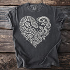 Dark gray t-shirt with a white heart-shaped snake and rose graphic.