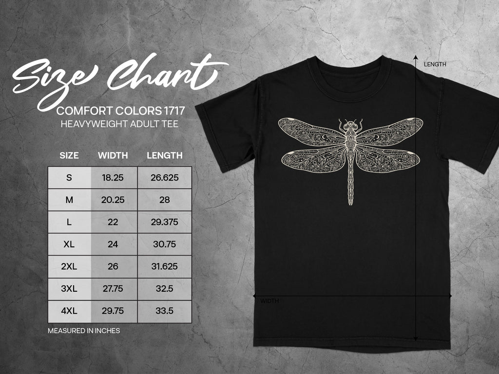 Comfort Colors 1717 heavyweight adult tee size chart with width and length measurements for sizes S-4XL.