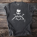 Dark grey t-shirt with a distressed white vampire graphic forming a heart with hands.
