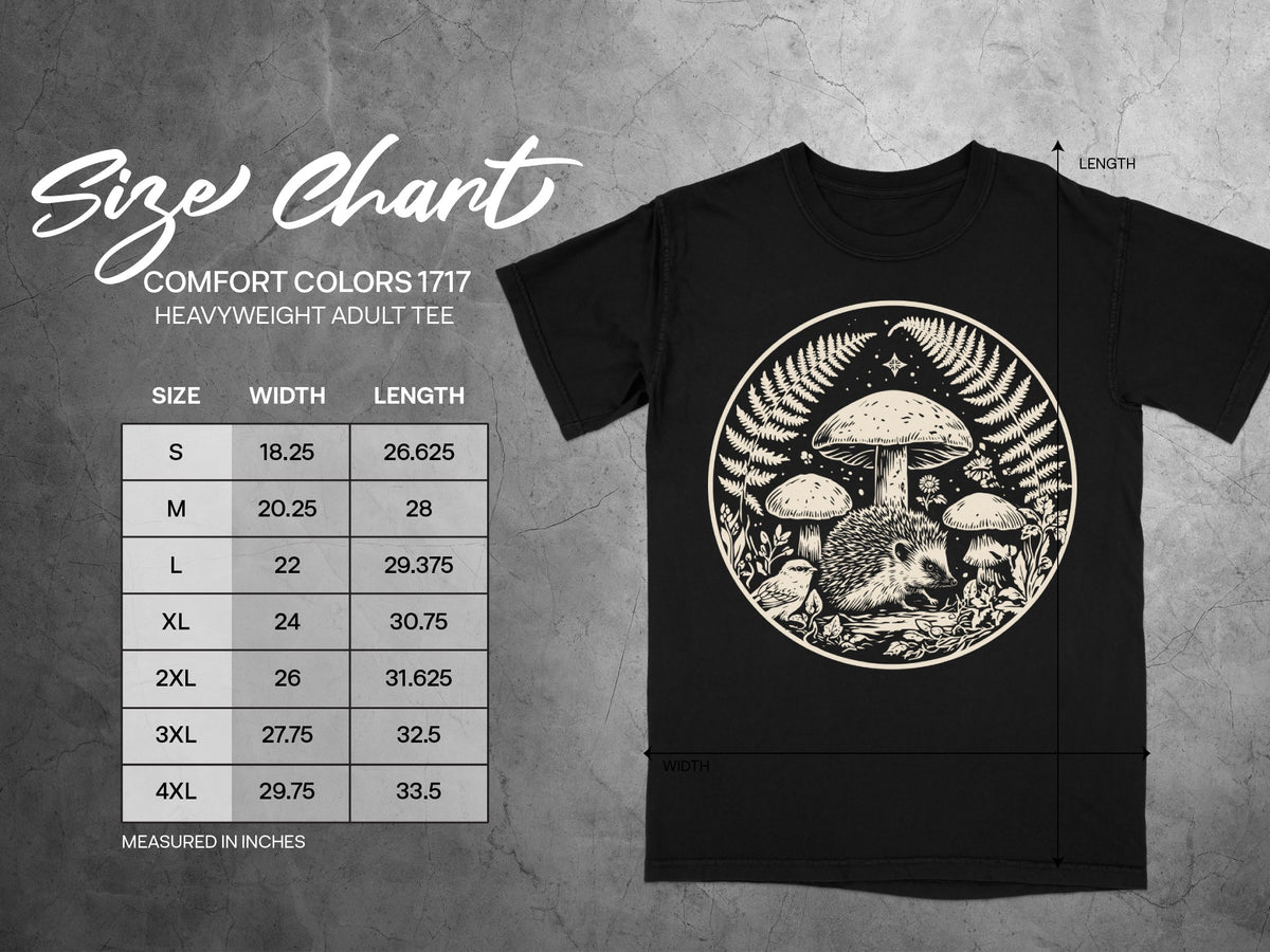 Black t-shirt size chart for Comfort Colors 1717 heavyweight adult tee.