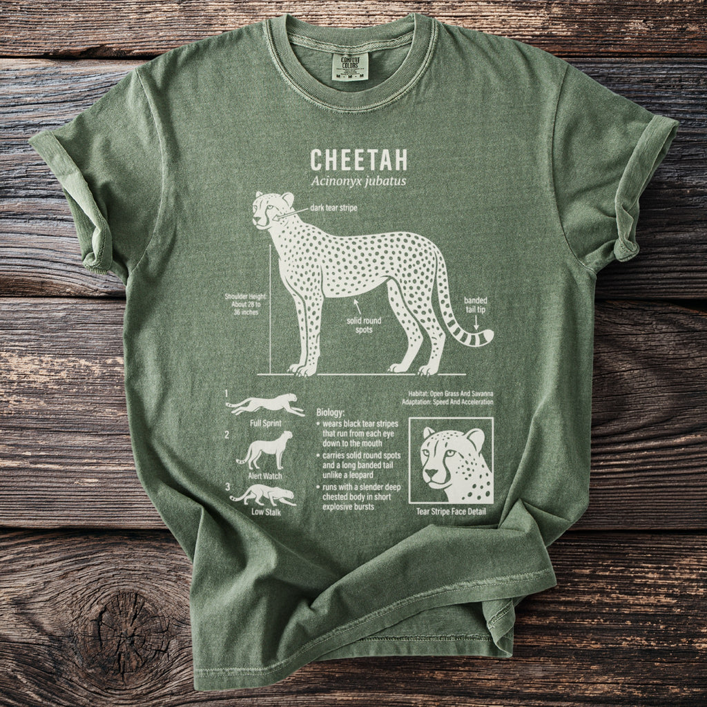 Green t-shirt with illustrated cheetah anatomy and biology details.
