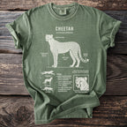 Green t-shirt with illustrated cheetah anatomy and biology details.