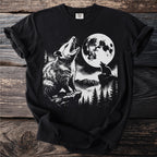 Black t-shirt with opossum and wolf howling at a full moon.
