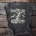 Dark grey t-shirt with a cream graphic of a gnarled tree, bats, and a crescent moon.