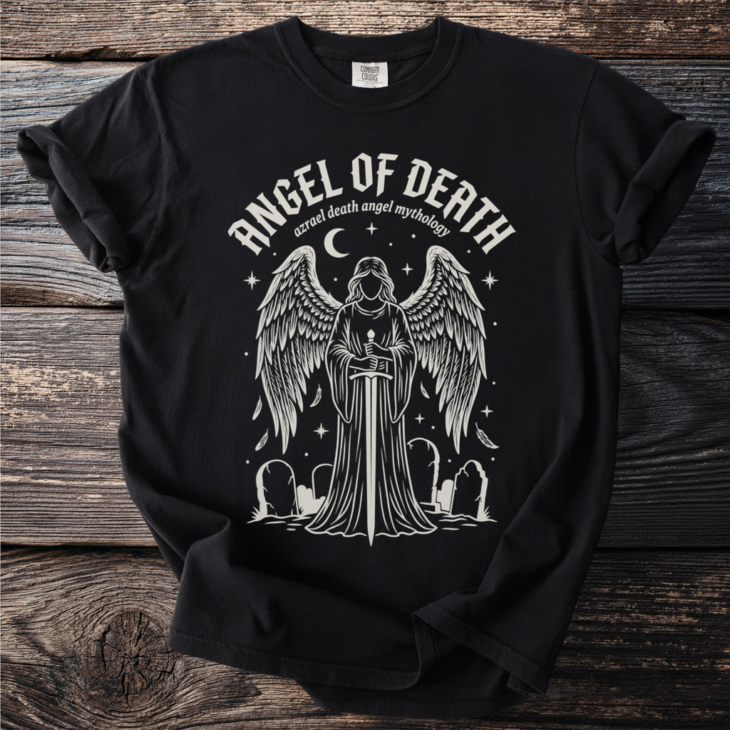 Black t-shirt with "Angel of Death" graphic and winged figure holding sword.