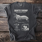 T-shirt with Mantis Shrimp diagram, showing anatomy and behaviors.