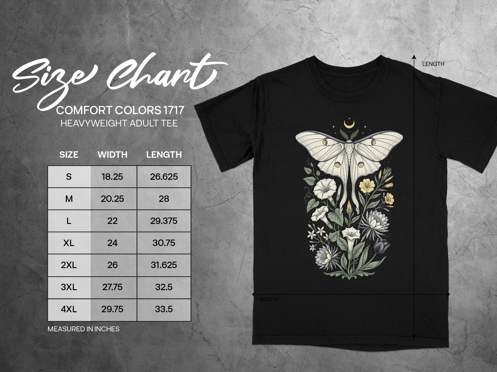 Comfort Colors 1717 size chart for heavyweight adult tee with floral moth graphic.