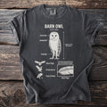 Barn owl anatomy diagram on a charcoal t-shirt with text labels.