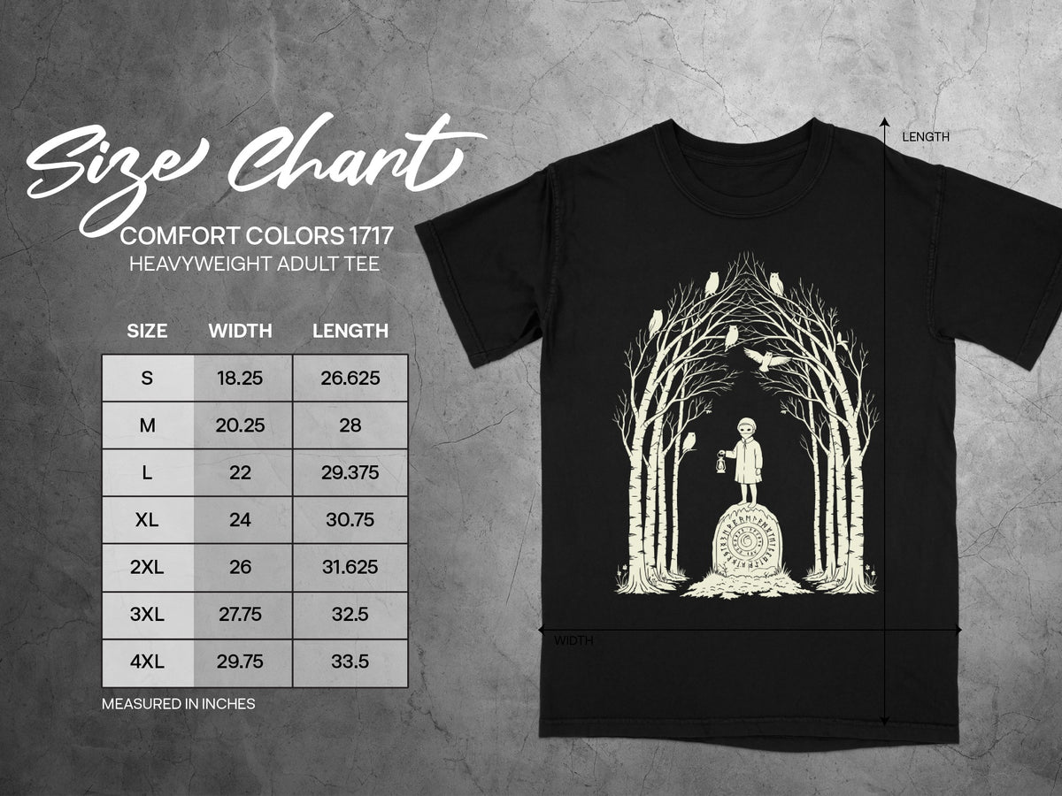 Comfort Colors 1717 heavyweight adult tee size chart with width and length measurements in inches.
