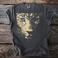Gray t-shirt with a close-up, tan leopard face graphic on the front.