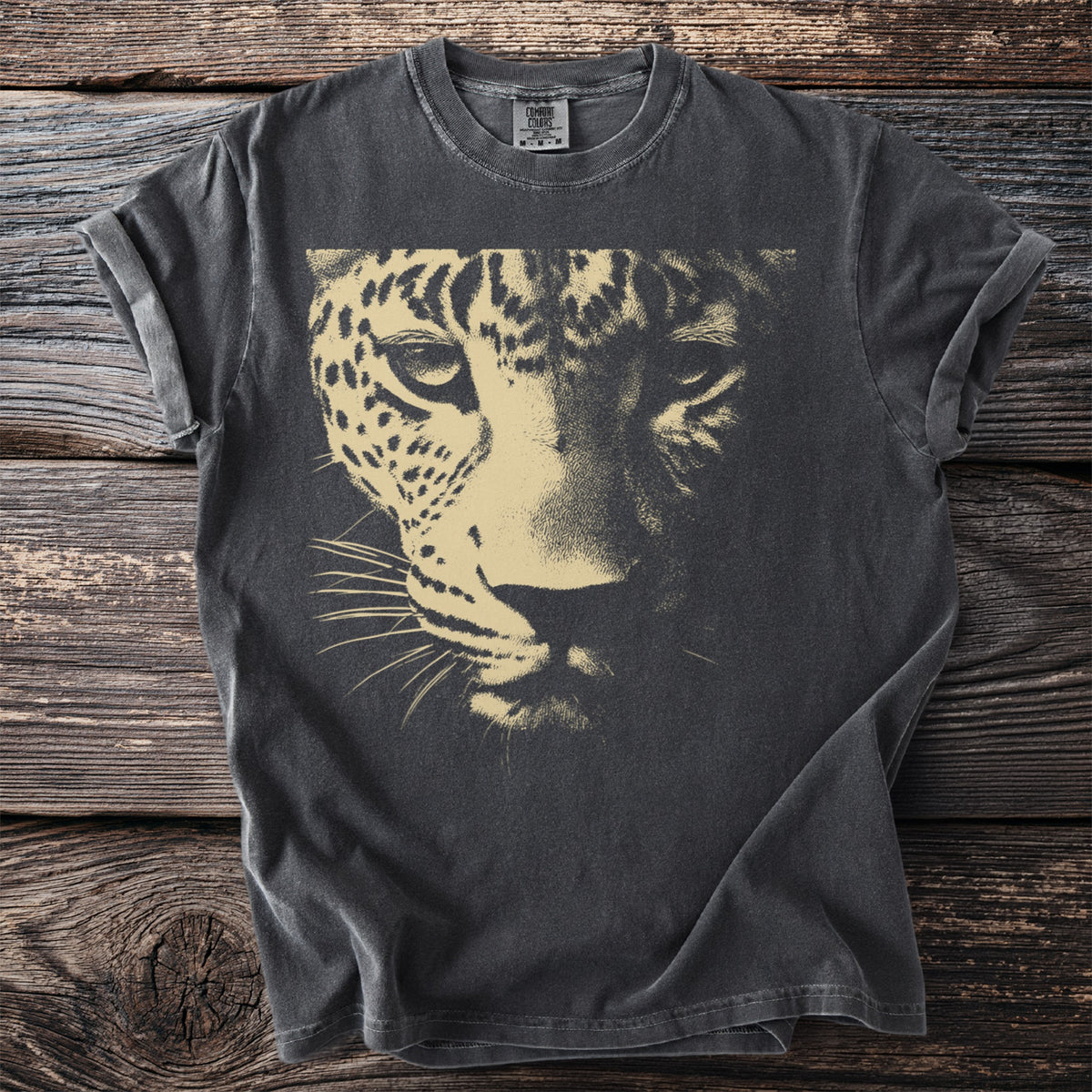 Gray t-shirt with a close-up, tan leopard face graphic on the front.