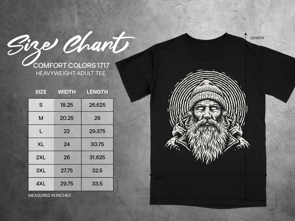 Comfort Colors 1717 heavyweight adult tee size chart with width and length measurements in inches.