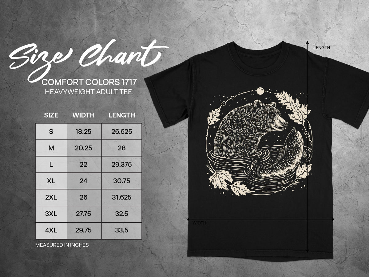 Comfort Colors 1717 heavyweight adult tee size chart with width and length measurements in inches.
