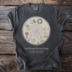 Dark grey t-shirt with "The Wheel of the Year" almanac plate design.