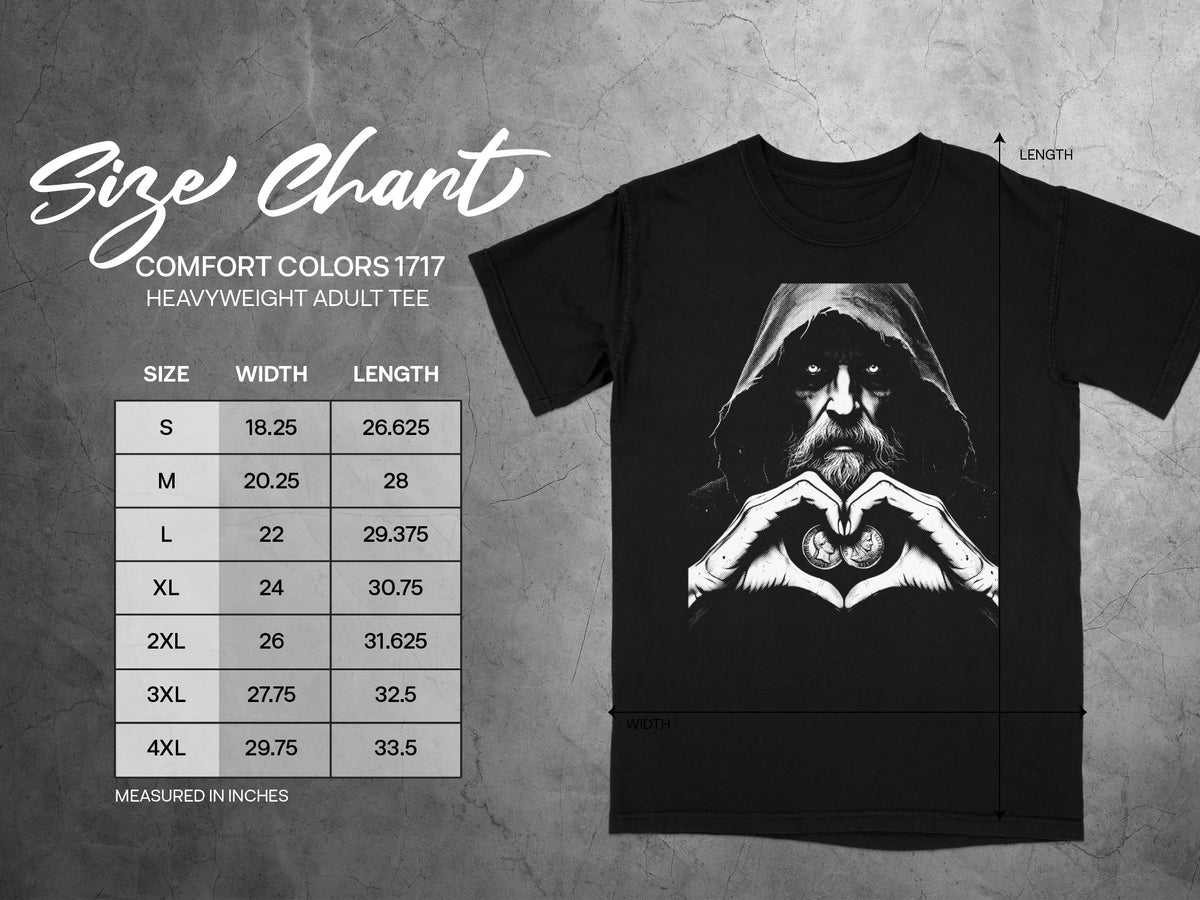 Comfort Colors 1717 heavyweight adult tee size chart with measurements.
