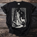 Black t-shirt with white illustration of a deer-antlered woman in a forest with a deer.