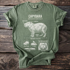 Green t-shirt with a diagram illustrating the capybara, its features and behaviors.