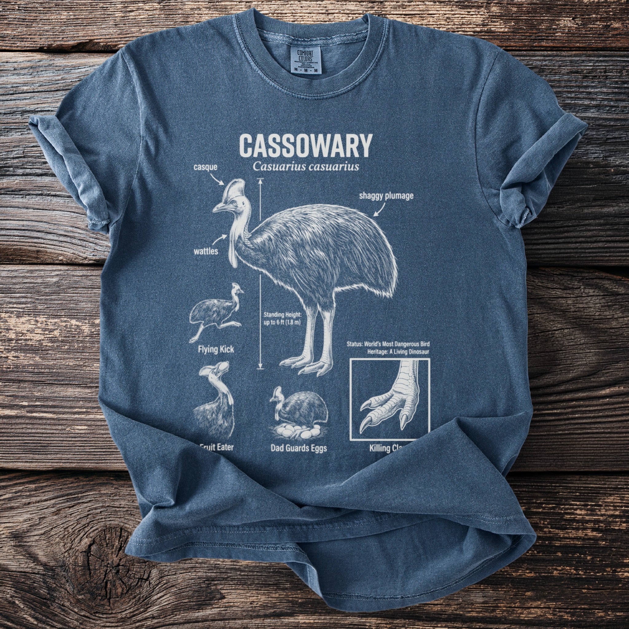 Cassowary bird diagram with facts on a blue t-shirt.