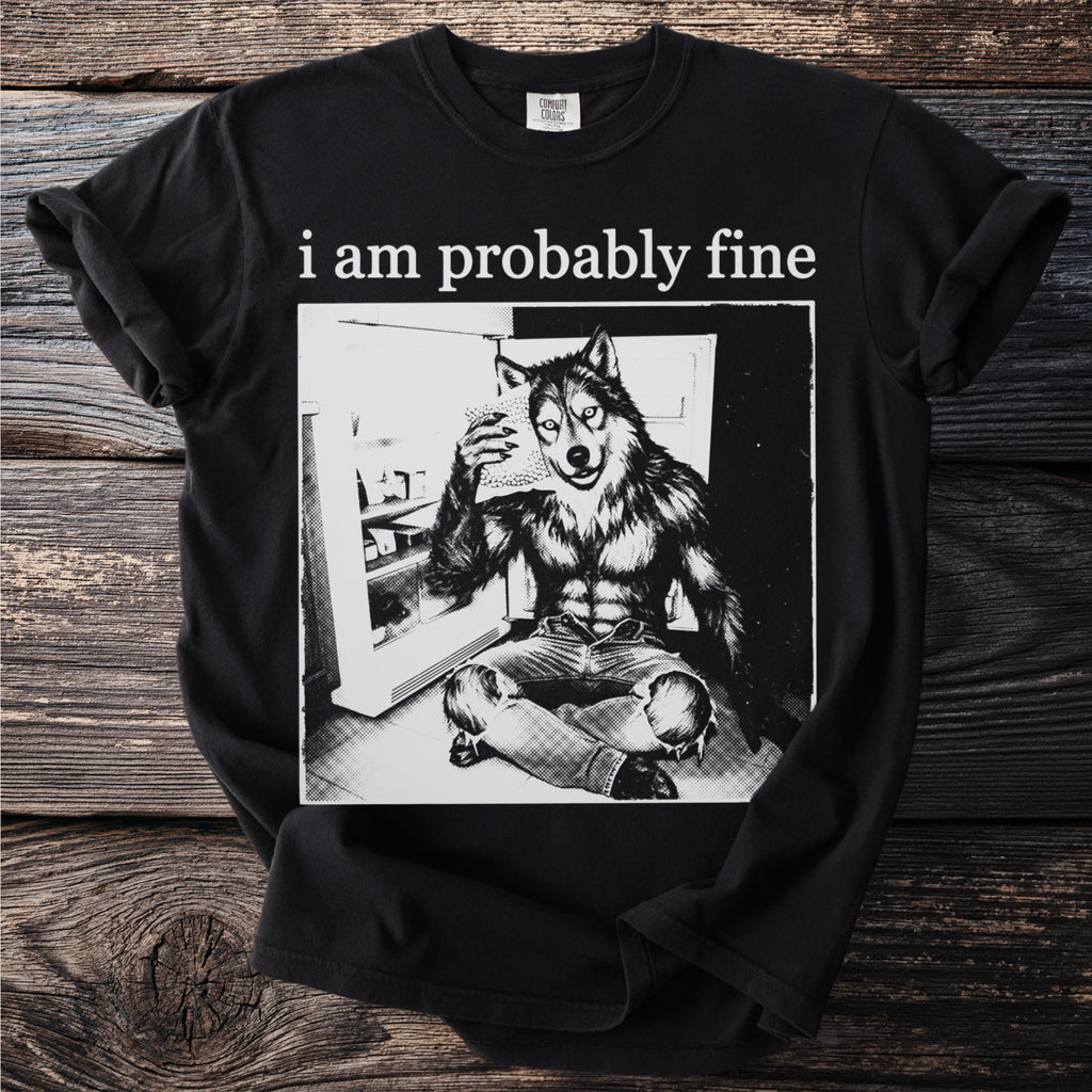 T-shirt with black graphic of a muscular werewolf sitting by an open refrigerator holding ice.