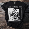 T-shirt with black graphic of a muscular werewolf sitting by an open refrigerator holding ice.