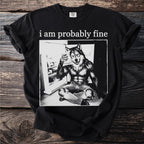 T-shirt with black graphic of a muscular werewolf sitting by an open refrigerator holding ice.