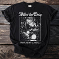 Black t-shirt with "Will-o-the-Wisp" and swamp scene with lights.