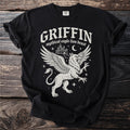 Black t-shirt with white text and griffin graphic: "Griffin mythical eagle lion beast"
