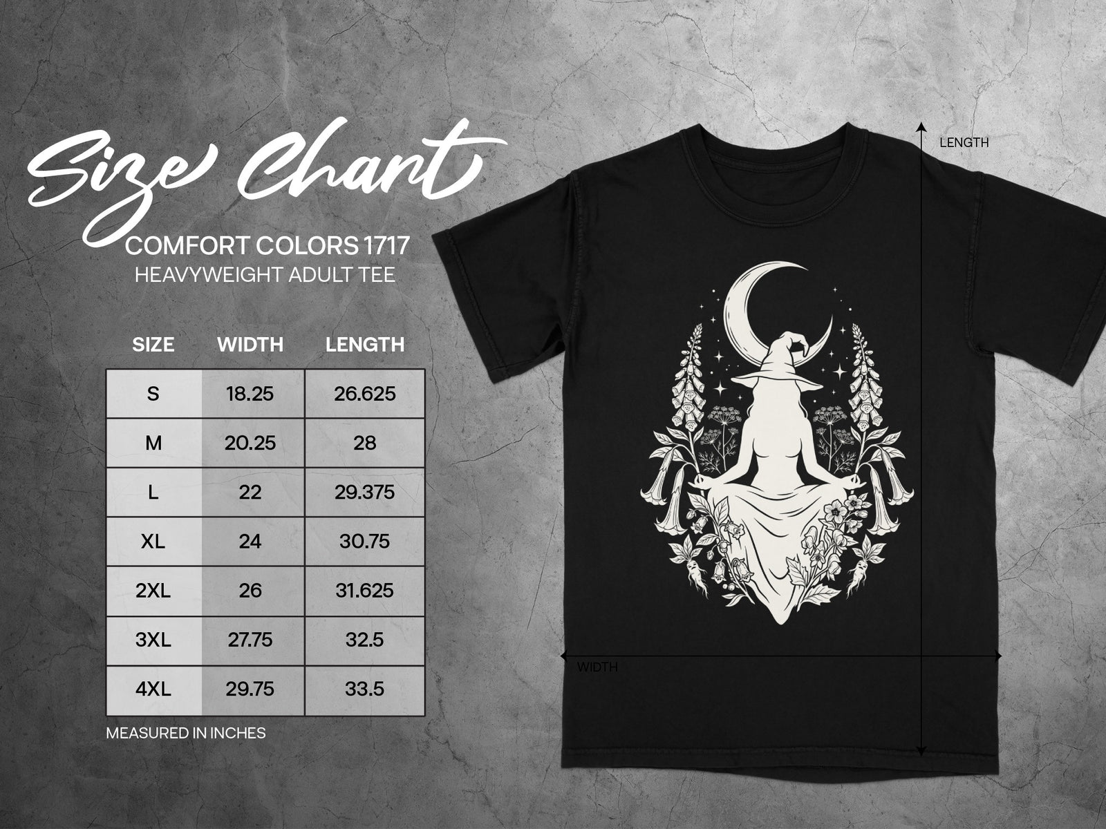 Comfort Colors 1717 heavyweight adult tee size chart with witch graphic.
