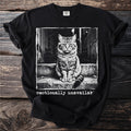 Black t-shirt with a distressed grunge graphic of a cat and the text "emotionally unavailab"