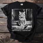 Black t-shirt with a distressed grunge graphic of a cat and the text "emotionally unavailab"