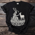 Black t-shirt with a white graphic of a woman with antlers and a deer.
