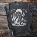 Dark gray t-shirt with a white werewolf graphic under a full moon.