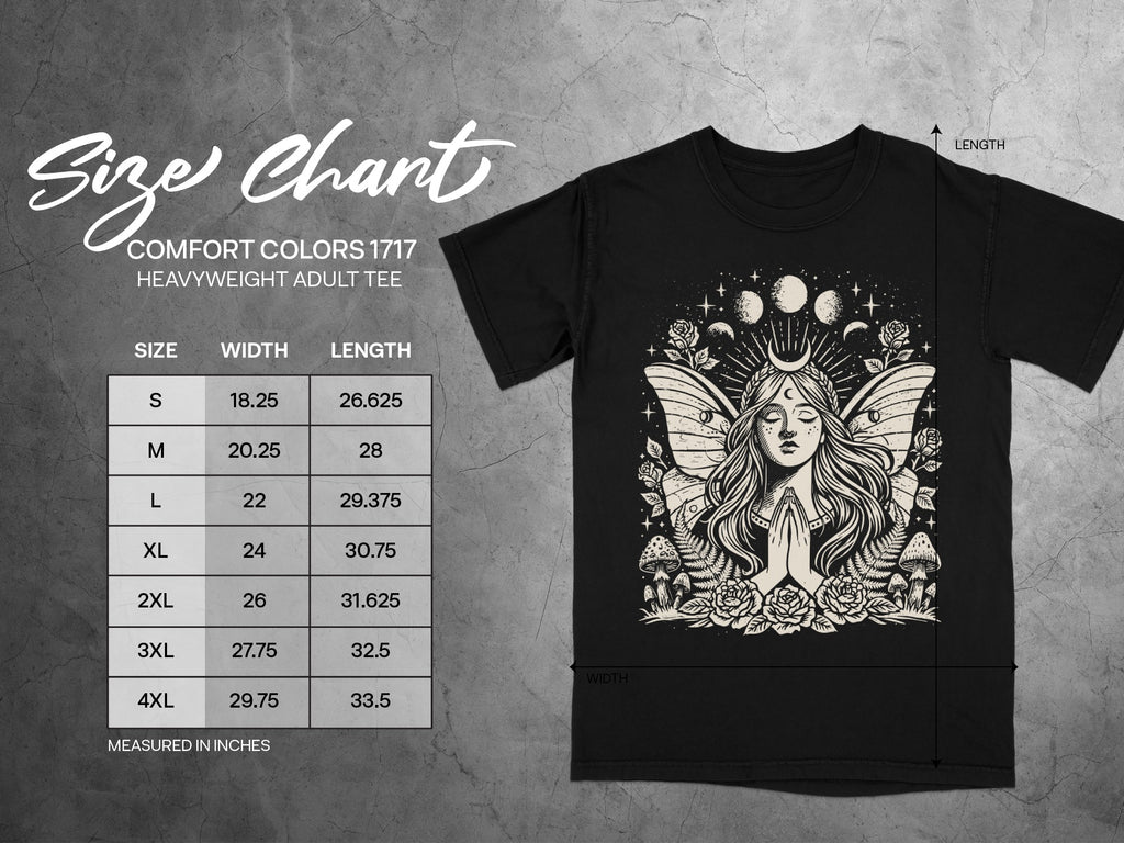 Black t-shirt size chart for Comfort Colors 1717 heavyweight adult tee.
