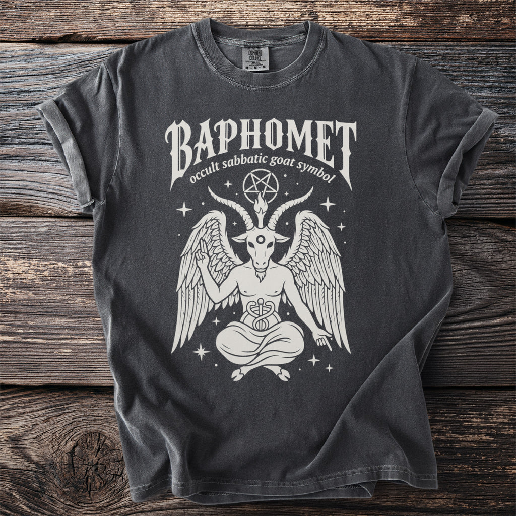 Baphomet occult sabbatic goat symbol graphic on dark grey t-shirt.