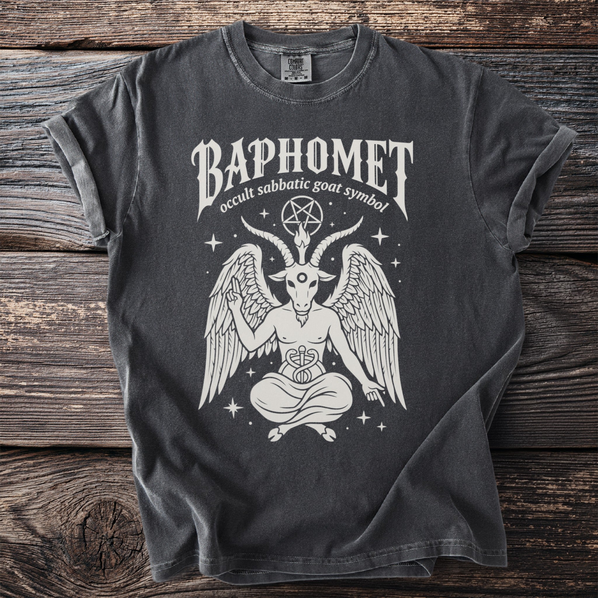Baphomet occult sabbatic goat symbol graphic on dark grey t-shirt.