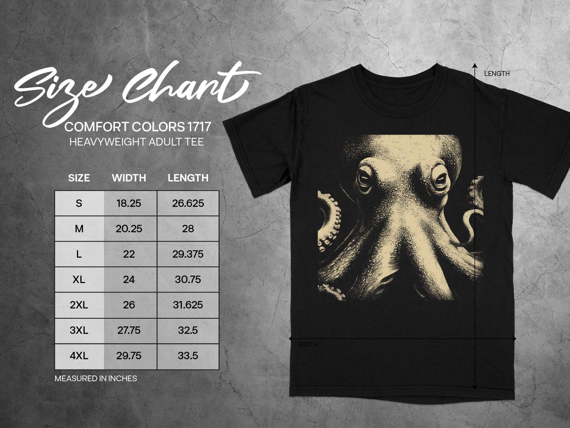 Size chart for Comfort Colors 1717 heavyweight adult tee with octopus graphic.