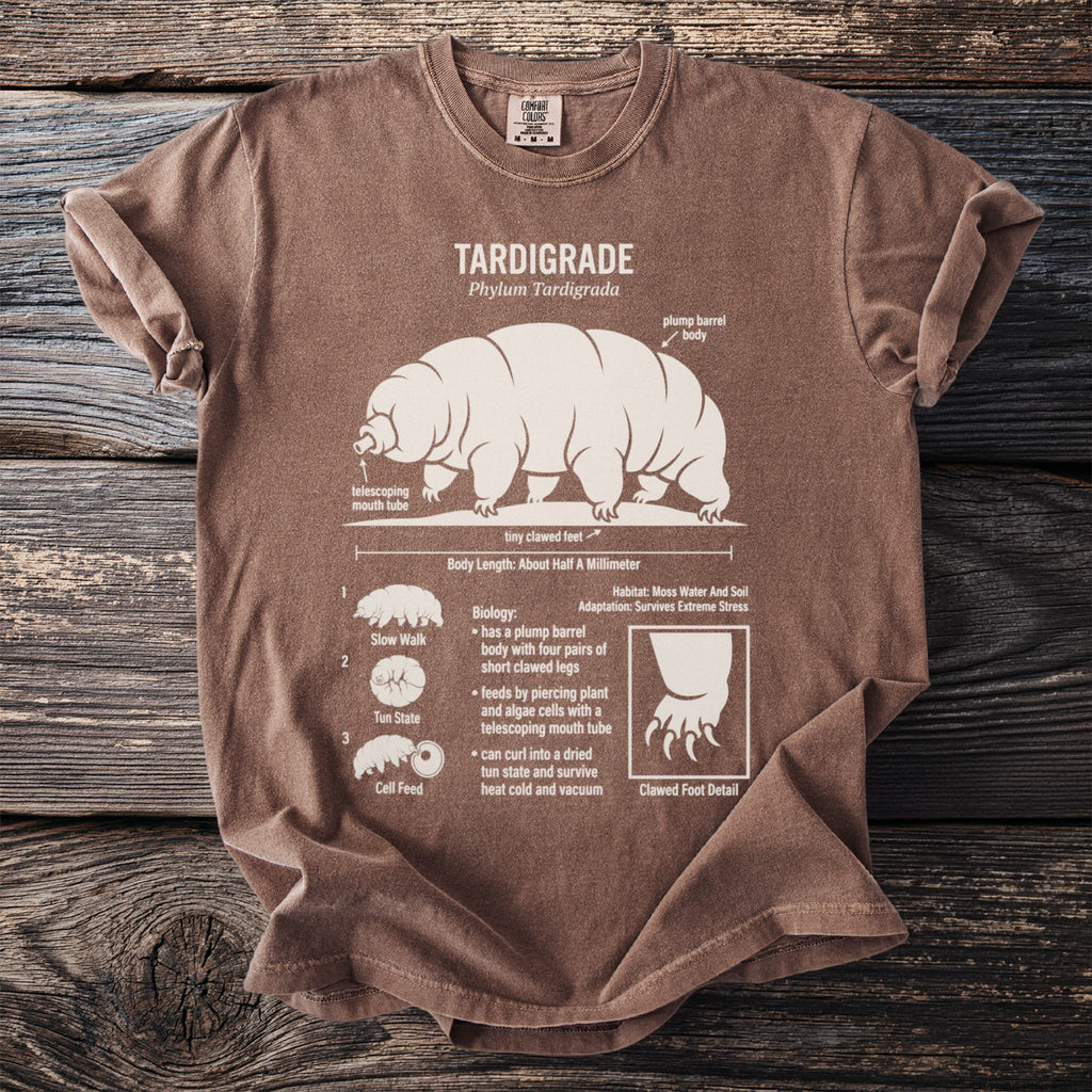 Tardigrade anatomy diagram on a brown t-shirt with text details.