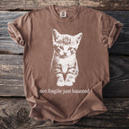 Brown t-shirt with white kitten graphic and "not fragile just haunted" text.