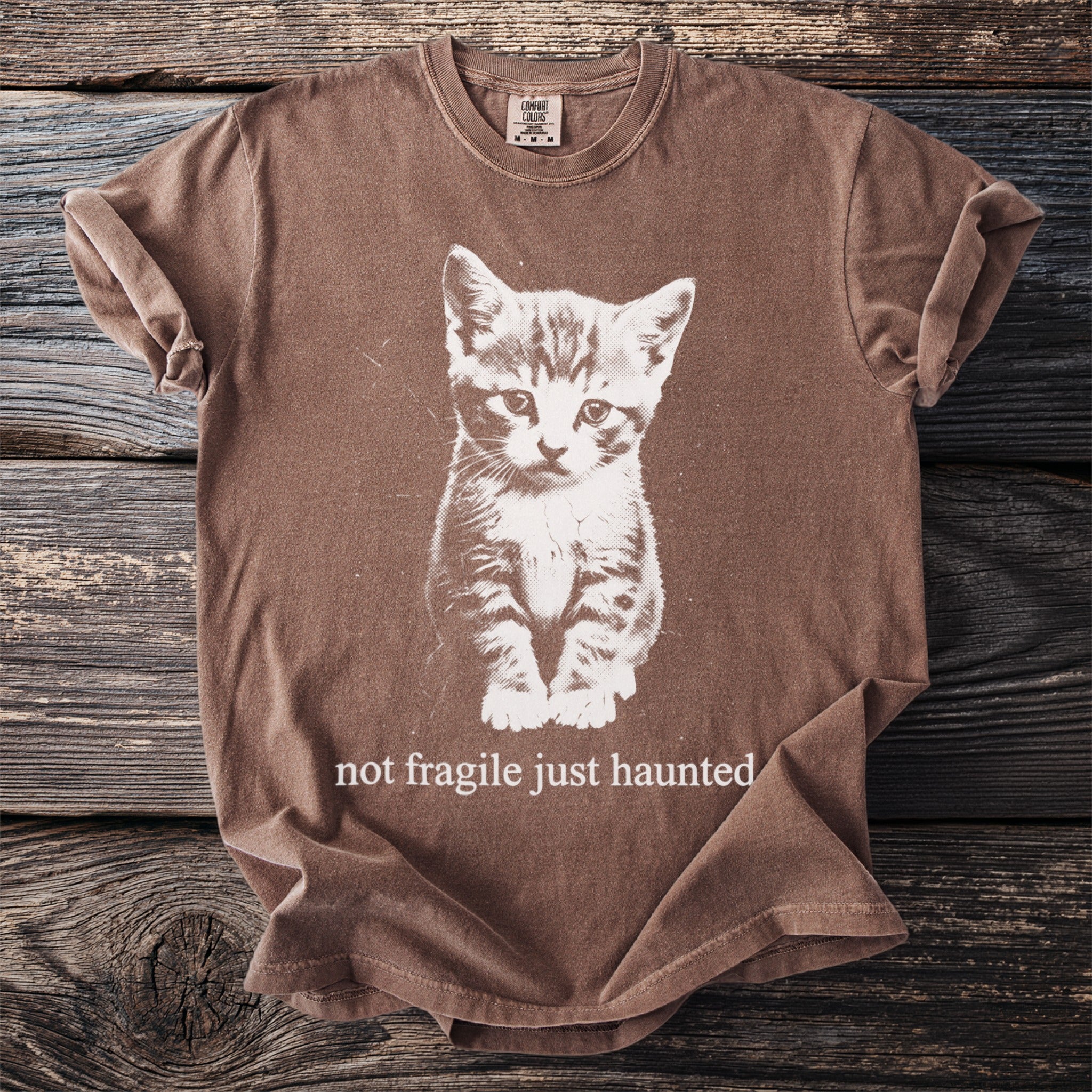Brown t-shirt with white kitten graphic and "not fragile just haunted" text.
