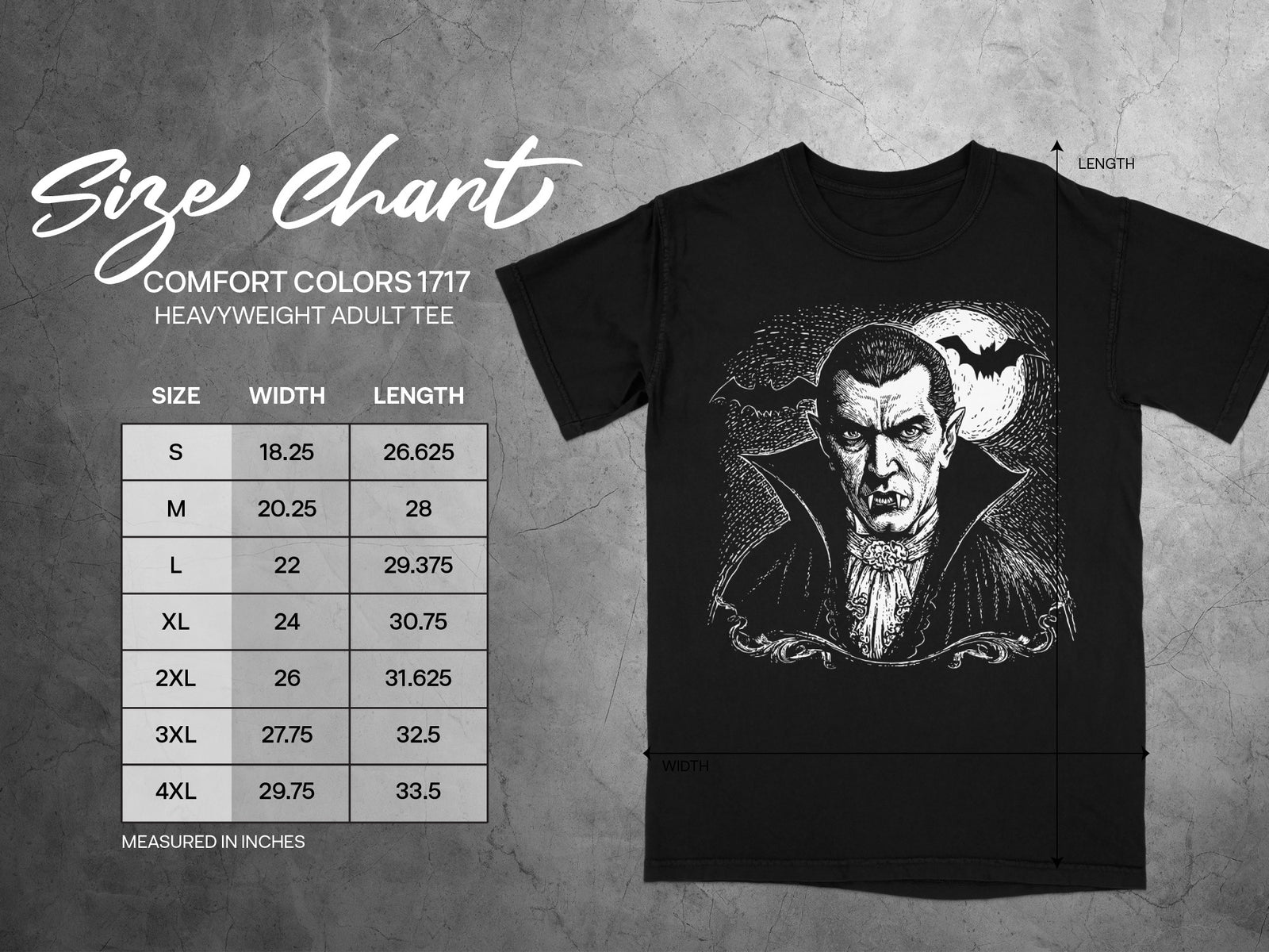 Comfort Colors 1717 heavyweight adult tee size chart with vampire graphic.