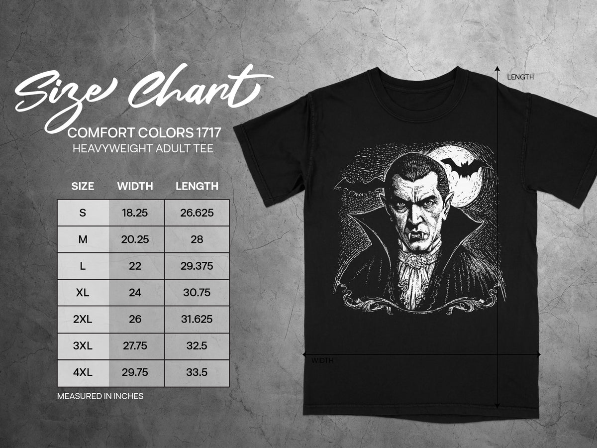 Comfort Colors 1717 heavyweight adult tee size chart with vampire graphic.
