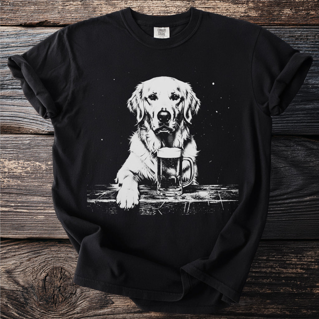 Black t-shirt with a white graphic of a golden retriever holding a beer mug.