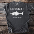 T-shirt with the words "SENIORITY" and a shark labeled "Fig. 1: Older Than Trees."