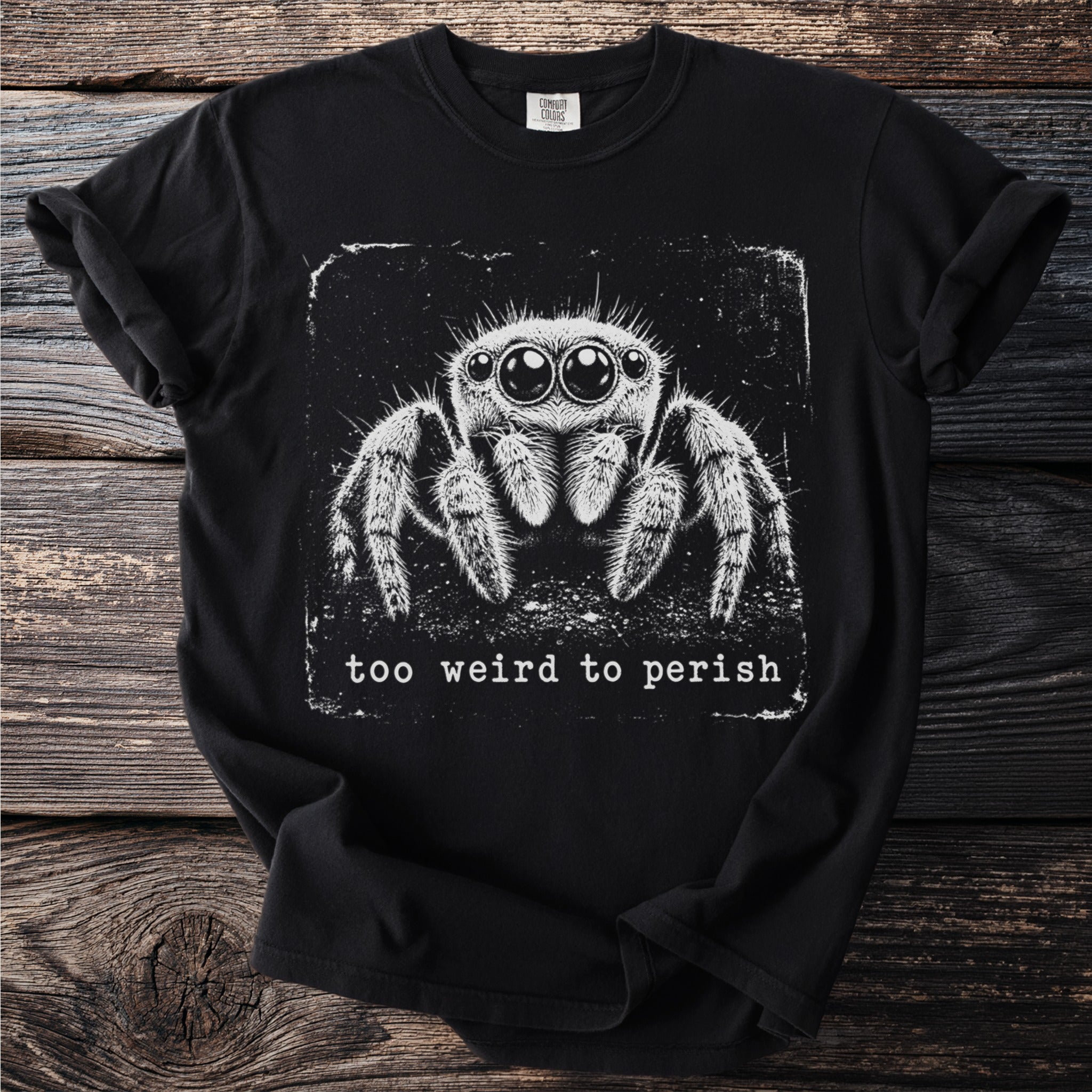 Black t-shirt with a vintage graphic of a jumping spider and the text "too weird to perish".