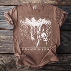 Brown t-shirt with a distressed graphic of figures in a cornfield holding a pumpkin.