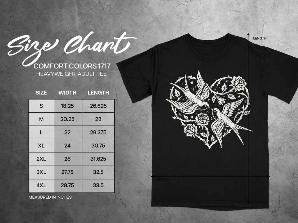 Comfort Colors 1717 heavyweight adult tee size chart with measurements in inches.