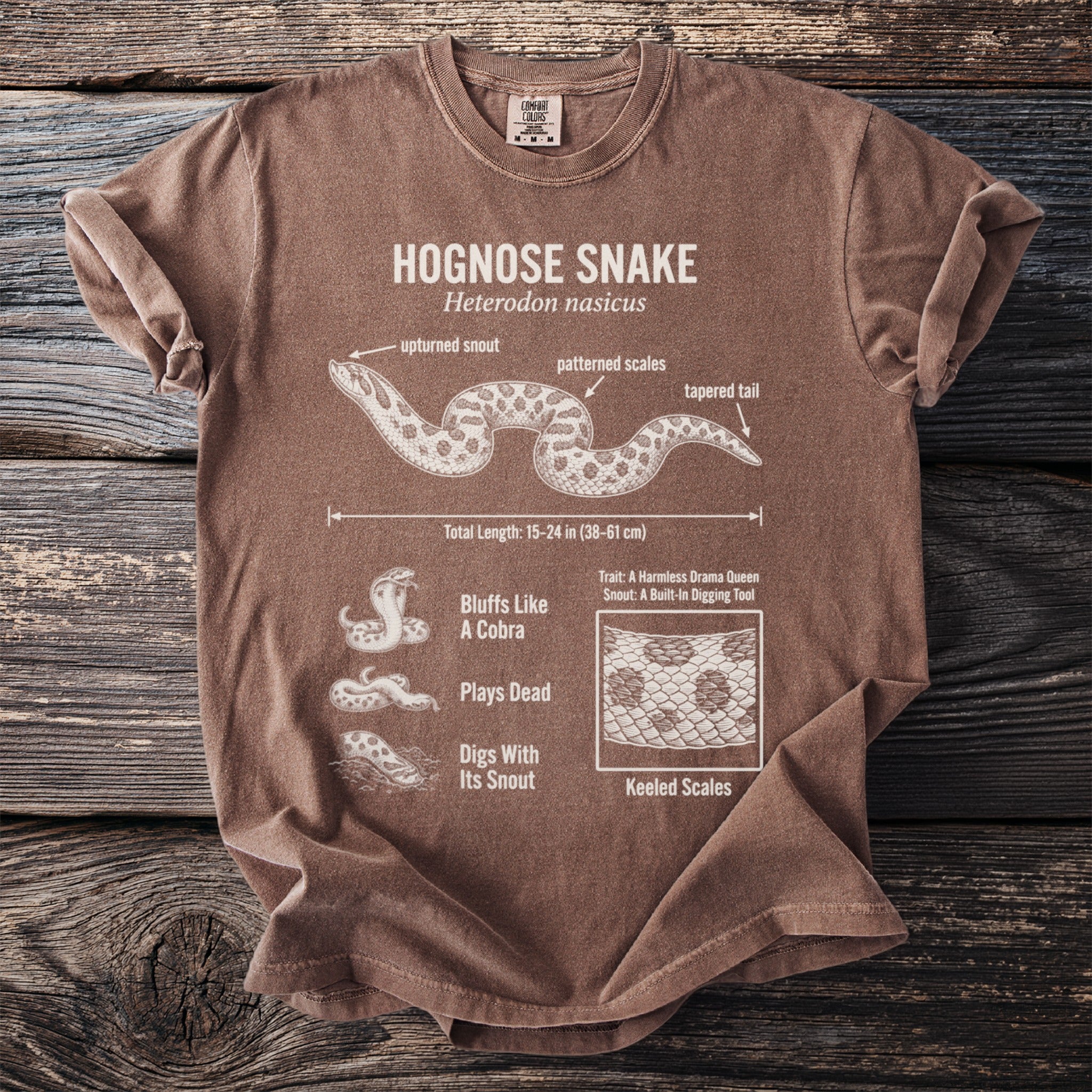 T-shirt with Hognose Snake illustration and facts about its traits, scales, and digging snout.