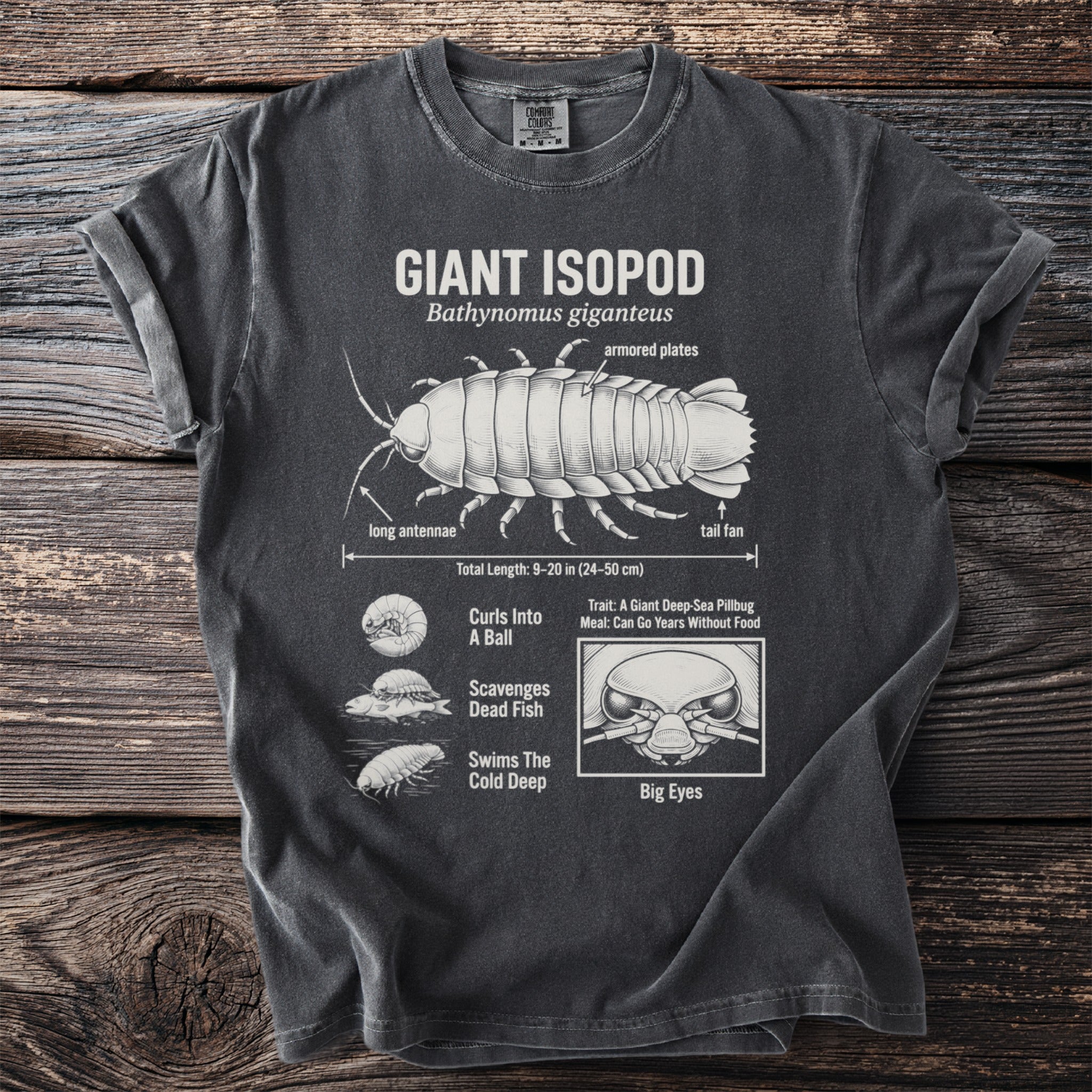 Giant Isopod diagram with scientific text and illustrations on a dark t-shirt.