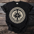 Black t-shirt with beige graphic of two goats and Celtic knot.